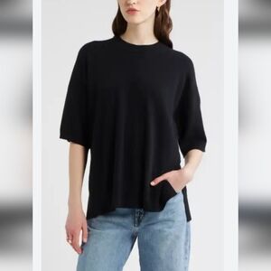 NORDSTROM Relaxed Short Sleeve Cashmere Sweater Black S/M Org $129